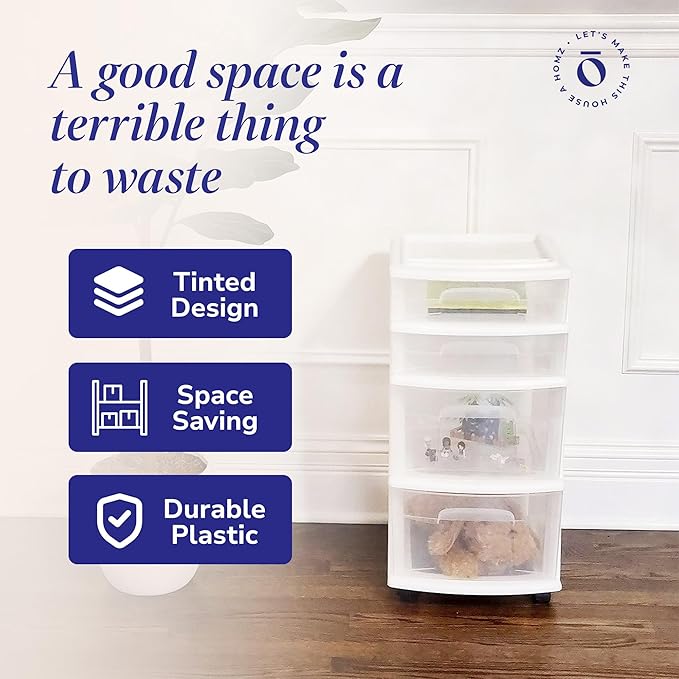 HOMZ 4-Drawer Plastic Storage Cart Organizer with Removable Wheels, White Frame