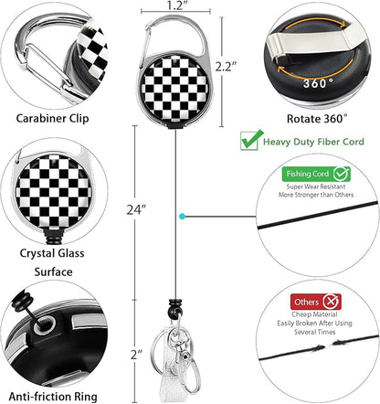 Black and White Checkered Lanyards for Id Badges, Cute Badge Reel Heavy Duty with Carabiner Clip, Fashionable ID Badge Holder with Breakaway Lanyard, Teacher Nurse Office Christmas Gifts