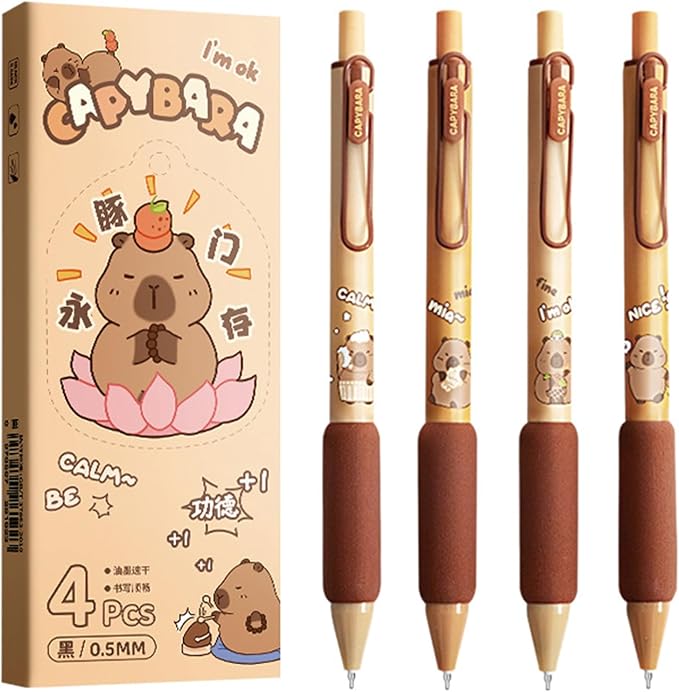 4 Pcs Cute Retractable Pens Cartoon Capybara Pen 0.5mm Black Ink Pen Soft Grip Writing Pens Gel Ink Pens Aesthetic Pens Office School Supplies for Girls Boys Women Men (Capybara)