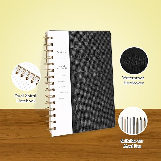 Lined Spiral Notebook College Ruled A5 Journal Book for Note Taking, 160 Pages Writing Journal for Office and Home School Supplies 5.75x8.125 inch (6-Black)