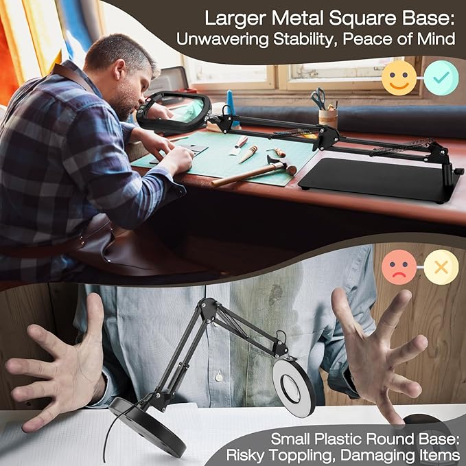 10X Square Magnifying Glass with Light and Stand, Real Glass 5 Color Modes, Brightness Stepless Dimming Lighted Magnifier Hands Free, 2-in-1 Desk Lamp with Clamp for Close Work, Crafts, Hobby, Reading