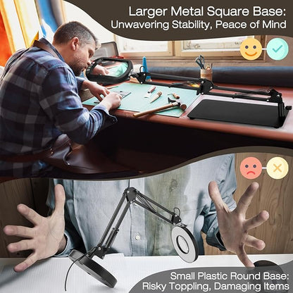 10X Square Magnifying Glass with Light and Stand, Real Glass 5 Color Modes, Brightness Stepless Dimming Lighted Magnifier Hands Free, 2-in-1 Desk Lamp with Clamp for Close Work, Crafts, Hobby, Reading