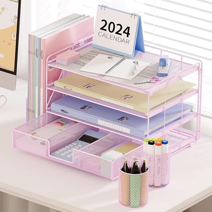 Desk Organizers and Accessories, Desk Accessories & Workspace Organizers for Office Supplies, File Organizer Desk Drawer Organizer with 2 Pen Holders, 4 Tier Paper Organizer for Desk(Pink)