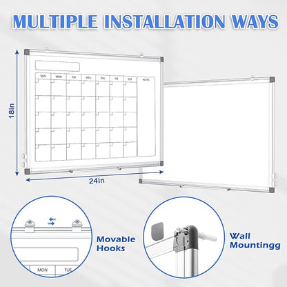 Monthly Calendar Dry Erase Whiteboard for Wall, 24" x 18" Magnetic Calendar White Board, Double-Sided Portable Board for Office, Kitchen, School, Home