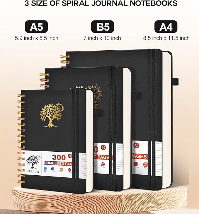 Spiral Notebook Journal for Women Men, 300 Numbered Lined Pages, College Ruled, A5 Hardcover Spiral Bound Notebook for School, Work, Note Taking Writing, Leather Spiral Journal Medium 5.9"x8.5"