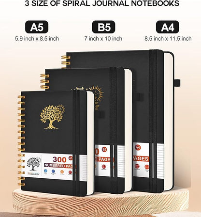 Spiral Notebook Journal for Women Men, 300 Numbered Lined Pages, College Ruled, A5 Hardcover Spiral Bound Notebook for School, Work, Note Taking Writing, Leather Spiral Journal Medium 5.9"x8.5"