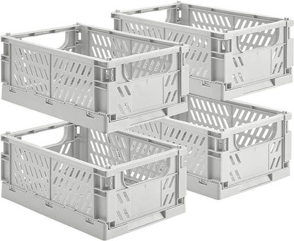 4-Pack Small Pastel Plastic Storage Baskets, Collapsible Crates for Organizing, Space-Saving Mini Bins for Classroom, Kitchen, Office, Bedroom (Grey, 9.8" x 6.5" x 3.8")