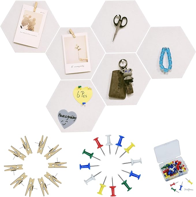 6Pcs White Hexagon Bulletin Board Strips,White Felt Pin Board Bar Strips with 50 Pushpins, Self-Adhesive Felt Cork Board Strips for Wall to Display Your Notes, Photos, Schedules
