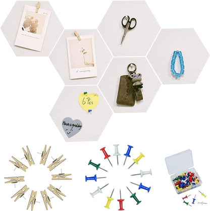 6Pcs White Hexagon Bulletin Board Strips,White Felt Pin Board Bar Strips with 50 Pushpins, Self-Adhesive Felt Cork Board Strips for Wall to Display Your Notes, Photos, Schedules