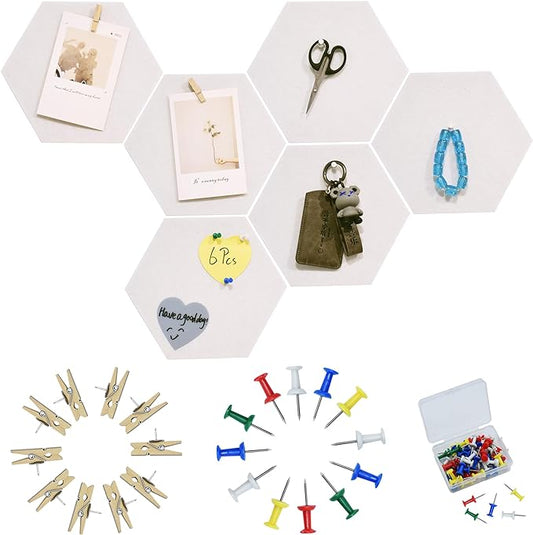 6Pcs White Hexagon Bulletin Board Strips,White Felt Pin Board Bar Strips with 50 Pushpins, Self-Adhesive Felt Cork Board Strips for Wall to Display Your Notes, Photos, Schedules