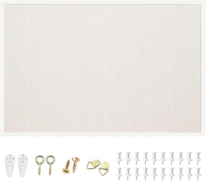 OWLKELA 24'' x 36'' Linen Bulletin Board, White Framed Corkboard, White Oak Frame Linen Cork Board, Vision Board and Decorative Hanging Pin Board