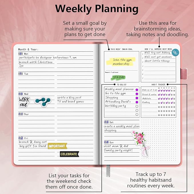 Undated Weekly Monthly Planner, Weekly Monthly Hardcover Planner with Goal & Habit Tracker Organizer, A5 Daily Planner Notebook Leather Cover