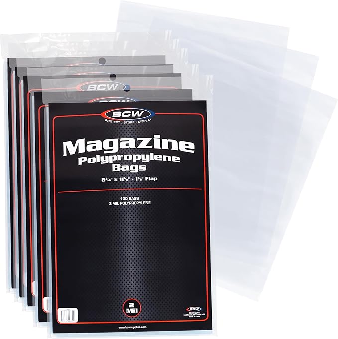 BCW Magazine Bags - 5 Pack - 500 Bags | Acid-Free, Crystal Clear Polypropylene Sleeves for Archival-Quality Storage of Collectible Magazines | Protect and Showcase Your Valuable Comic Book Collection