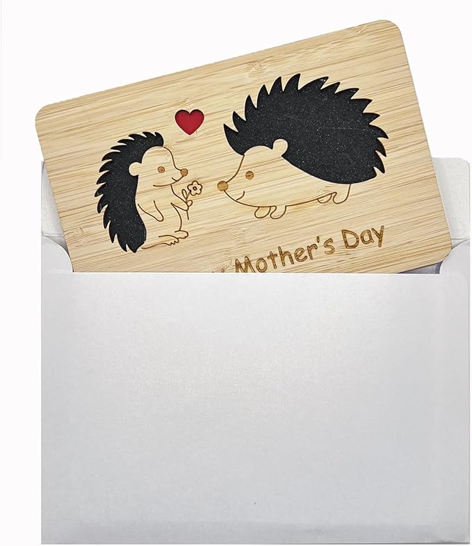 Mothers Day Cards,Handmade Bamboo Greeting Cards,Wooden Thankyou Card,Mother's day Card for Mom,Mum,Hedgehog mom