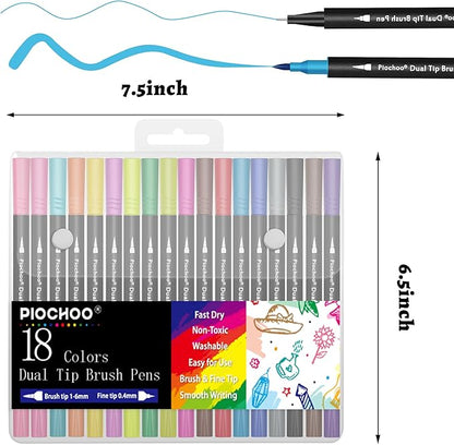 Markers,18 Colors Dual Brush Markers Pens,Fine Point and Brush Tip Markers for Adult Coloring Books No Bleeding,School Classroom Art Supplies