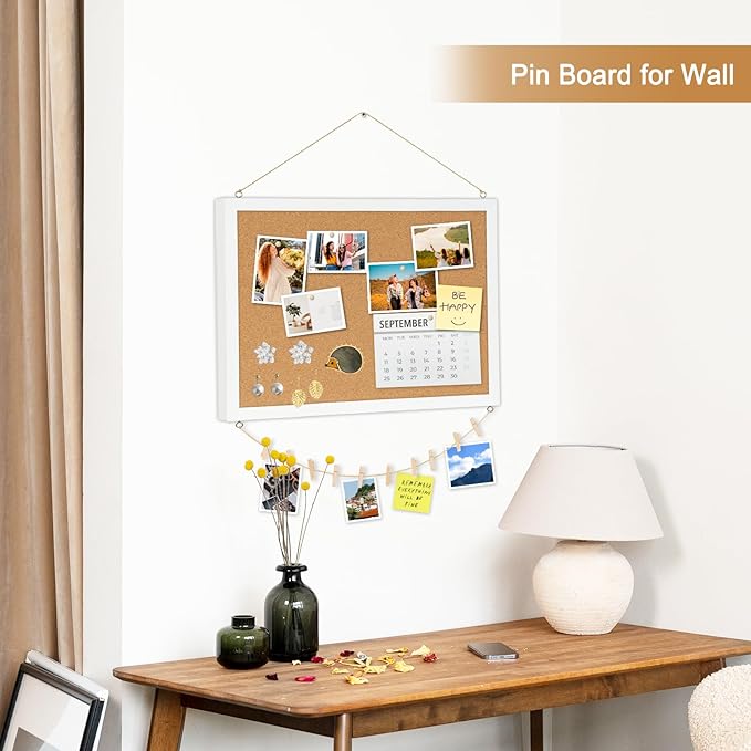 Double-Sided Cork Board for Wall, 16" x 12" Hanging Wood Framed Small Bulletin Board, Picture Display Vision Board Corkboards for Wall Room School Office Decor, 20 Pushpins (Vintage White)