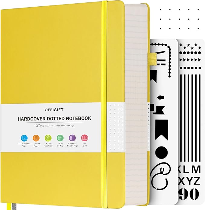 Bullet Dotted Journal Notebook, 312 Numbered Pages A5 Hardcover Leather Journal, 100gsm No Bleed Paper Dot Grid Notebook with Index Pages, Dot Journal for Women Men, 5.75" x 8.38", Yellow