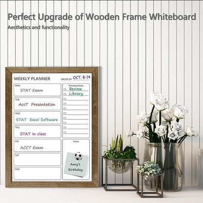 Dry Erase White Board Weekly Calendar Board, Magnetic Whiteboard for Wall,13“x17 Solid Wood Rustic Brown Framed Message Board, Planner Board for Office, Home, School(Weekly-BB-RB-3343)