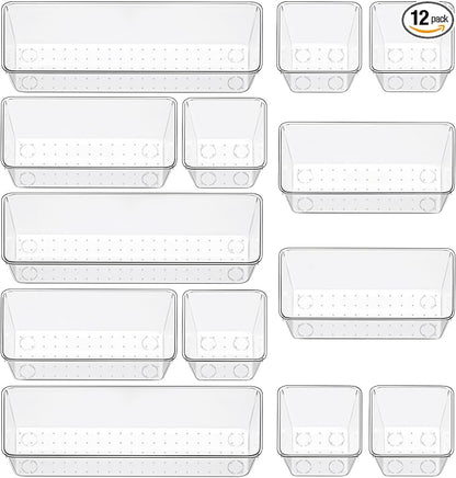 12 Piece Clear Drawer Organizer Set, 3 Sizes Bathroom Vanity Organizer Trays and Storage Bins for Makeup, Cosmetics, Jewelry, and Gadgets. Perfect for Office, Kitchen, Bedroom, Bathroom Use.