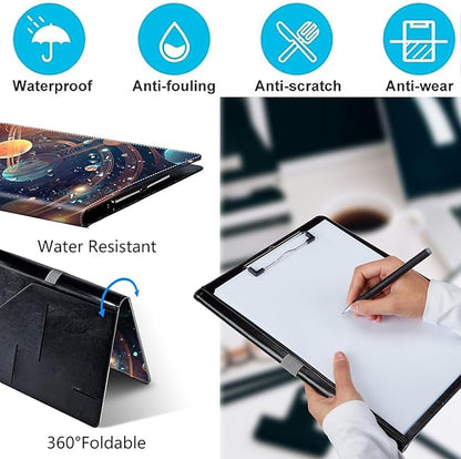 PU Leather Padfolio Clipboard Notepad with Pen Loop and Elastic Strap Interview/Resume Document Organizer for Business School Office,Starry Night Moons Sun