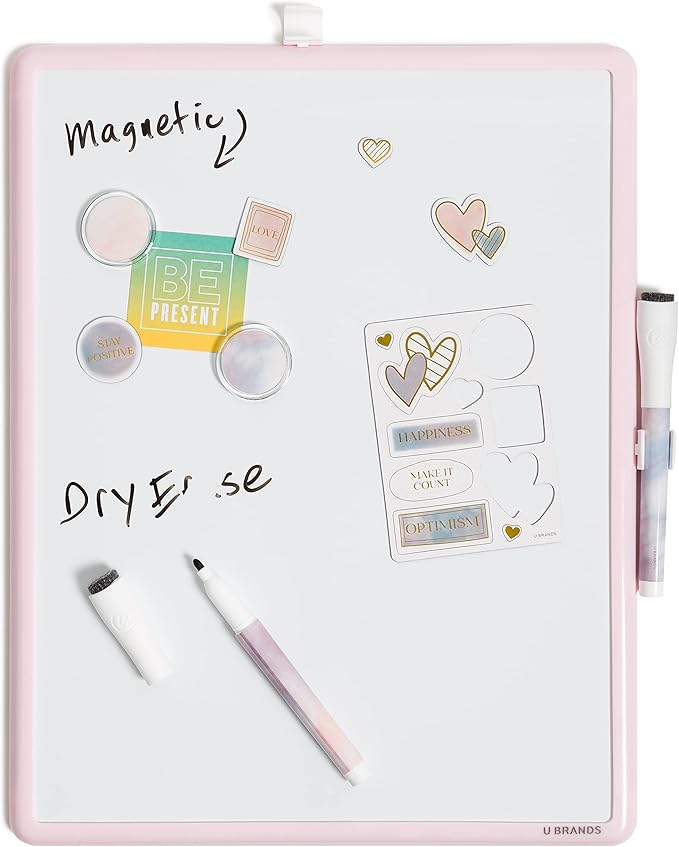 U Brands Contempo Magnetic Dry Erase Board Kit, Set of 15, 11”x14”, Pink Soft Dye Modern Frame, Includes Magnets, Markers