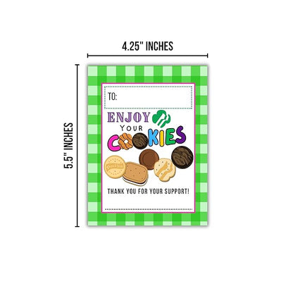 Scout Cookie Thank You Cards Re- Order | 30 pk 4.25 x 5.5” Postcards Green For Your Support Enjoy Your Cookies Troop Leader Box Tags