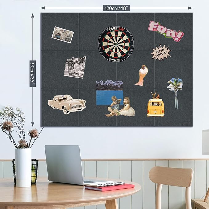 Large Cork Board for Walls with 30 Push Pins-48"X36", Easy to Peel&Stick Vision Bulletin Board Tiles, Black Poster Felt Board Supplies Set Home Office Classroom Corkboard Decor Self Adhesive