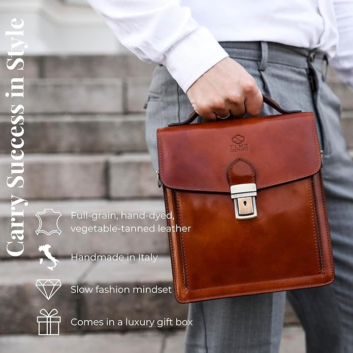 Time Resistance Small Leather Briefcase for Men - Crossbody Bag - Italian Leather Messenger Bag - Gift Box Included