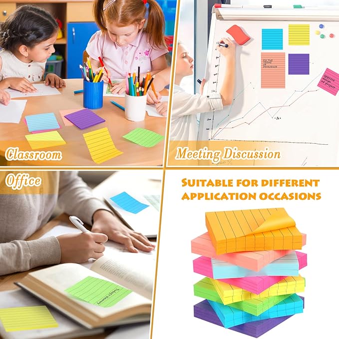 Yexiya 64 Pcs Lined Sticky Notes Self Stick Notes with Lines Bright Assorted Colors Sticky Notes for Home Office Products Post Memos, 1920 Sheets(4 x 6 Inch, 3 x 3 Inch,Vivid Color)
