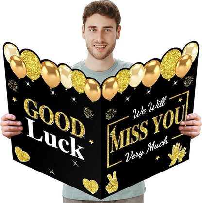 Retirement Greeting Card for Men Women, Large Black Gold Guest Signature Book Gifts, We Will Miss You Good Luck Blessing Greeting Card for Going Away Farewell Decorations Party Supplies.