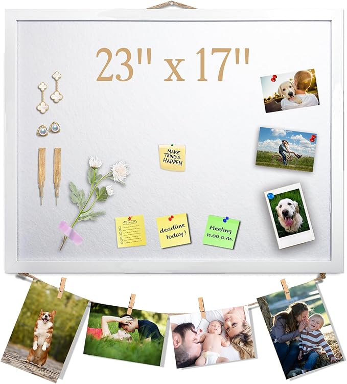 White Bulletin Board Cork Boards Vision Board with Felt, 23"x17" Small Display Pin Board for Walls, Desk, Jewelry, Notes, Collection, Photos, Office, White Framed and Felt Board, 1pc