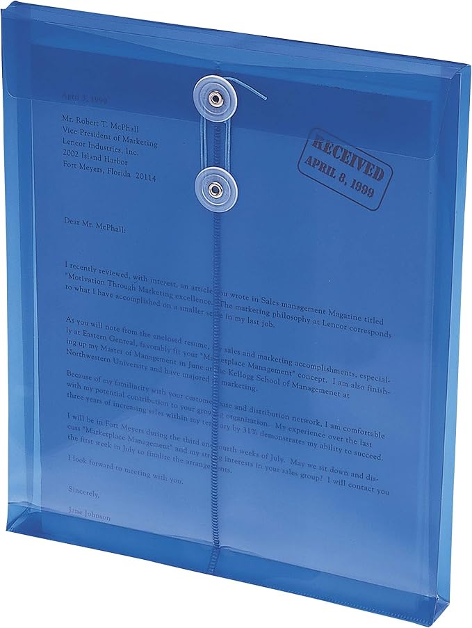 Smead Poly Envelope, 1-1/4" Expansion, String-Tie Closure, Top Load, Letter Size, Blue, 5 per Pack (89542)