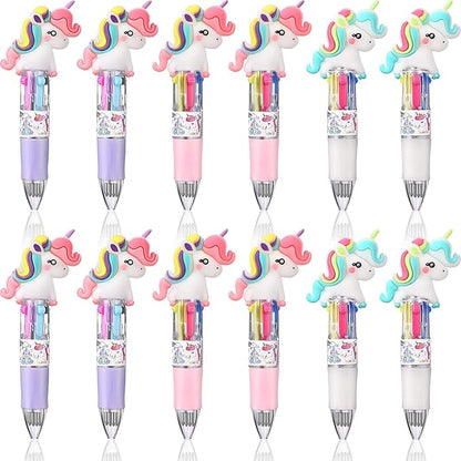 Chinco 12 Pieces Retractable Unicorn Pens 4-in-1 Multicolor Ballpoint Pen Unicorn Candy Party Favor Colored Ink Mini Party Favors for Girls Kids Classroom Prizes Birthday Gifts(Curly Hair Unicorn)