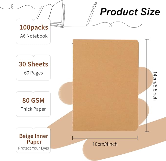 100 Packs Kraft Small Blank Notebooks, Unlined Mini A6 Journals Bulk, Blank Notepads for Kids Students School Office, Traveler Sketching, Drawing, Writing Supplies, 5.5" x 4", 30 Sheets/60 Pages