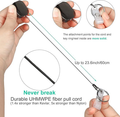 Will Well ID Badge Holder Reel with Clip and Keyring - Heavy-Duty All-Metal Casing with 23.6" UHMWPE Fiber Pull Cord for Easy Access, Holds up to 8 Keys - 2-Pack, Small Square, Glossy Black