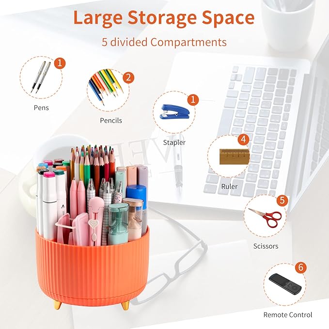 Desk Pen Holder, 5 Slot 360 Rotating Pen Organizer for Desk, Desktop Storage Stationery Supplies Organizer, Cute Pencil Cup Pot for Office, School, Home, Art Supply, Orange