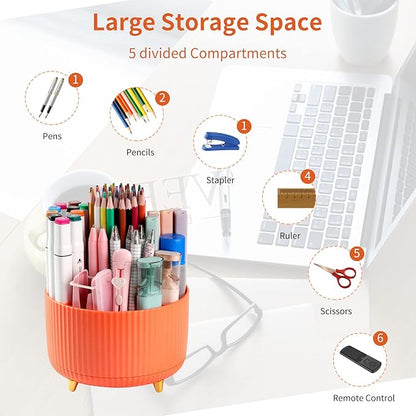 Desk Pen Holder, 5 Slot 360 Rotating Pen Organizer for Desk, Desktop Storage Stationery Supplies Organizer, Cute Pencil Cup Pot for Office, School, Home, Art Supply, Orange