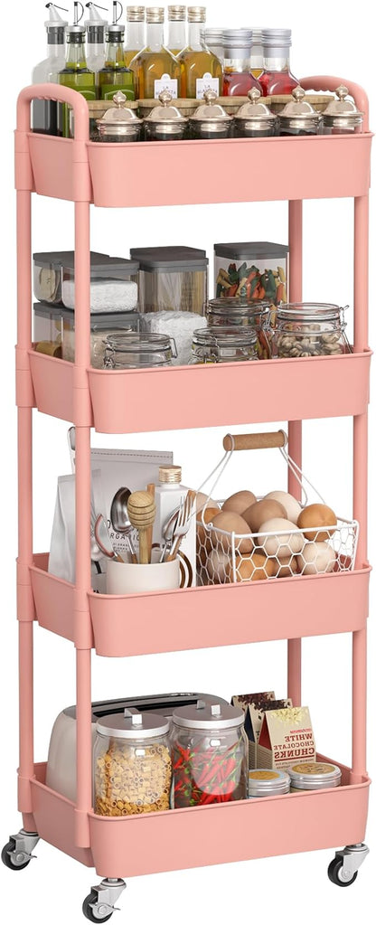 Sywhitta 4-Tier Plastic Rolling Utility Cart with Handle, Multi-Functional Storage Trolley for Office, Living Room, Kitchen, Movable Storage Organizer with Wheels, Pink