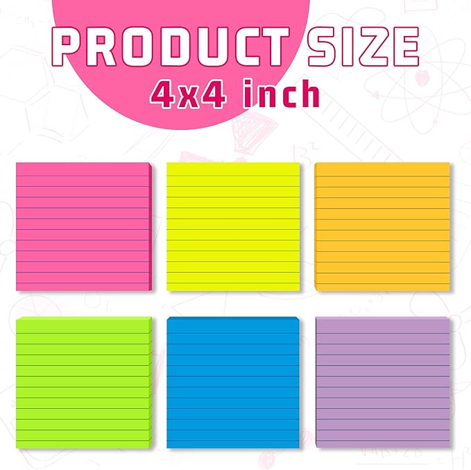 (12 Pads) Lined Sticky Notes 4x4 in Post, 6 Bright Colors with Lines Self-Stick Note Pads it, Strong Adhesive