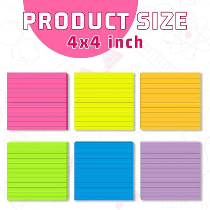 (12 Pads) Lined Sticky Notes 4x4 in Post, 6 Bright Colors with Lines Self-Stick Note Pads it, Strong Adhesive