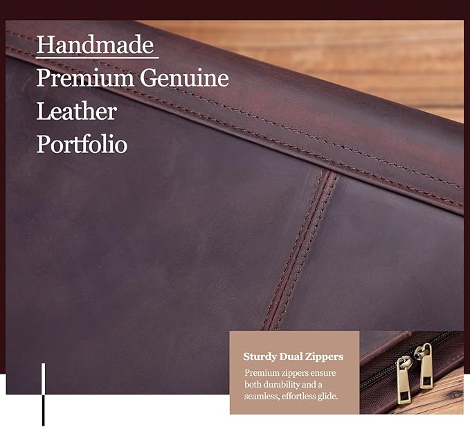 Genuine Leather Portfolio with 3 Ring Binder, Full Grain Leather Padfolio Zippered, A4 Notebook Holder Laptop Sleeve Professional Folder Organizer Gift for Men and Women, Dark Brown