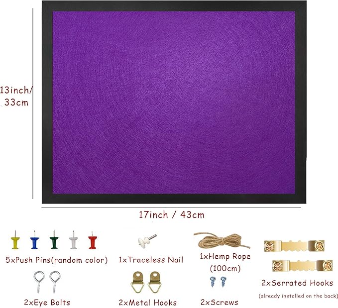 Bulletin Board Cork Boards with Felt, 17"x13" Small Display Pin Board Vision Board for Walls, Jewelry, Notes, Collection, Photos, Office, Wood Framed(Black) & Felt(Purple), 1pc
