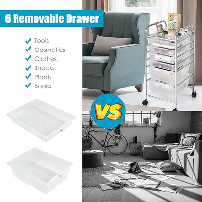 Julimoon 6 Drawers Rolling Storage Cart, 6-Tier Mobile Storage Drawers & Craft Organizers, Multipurpose Plastic Utility Cart with Wheels for Home, Office, Classroom & Garage (Clear)