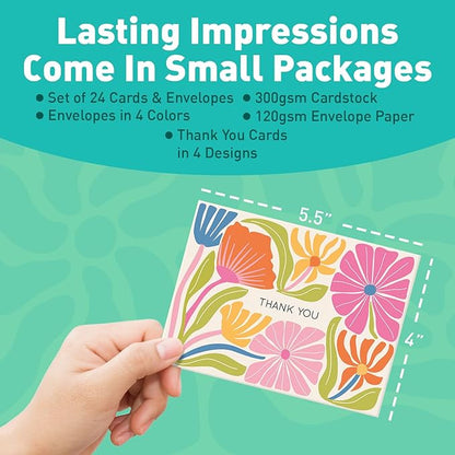 S&O Thank You Cards with Envelopes - Blank Stylish papers for Handwritten Messages -Set of 24 decor sheets and Envelopes - Assorted cute Cards with Stylish Color covers to Mix & Match