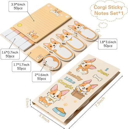 I Just Really Like Corgis Sticky Notes Set, 550 Sheets, Cute Cartoon Corgis Butt Self-Stick Notes Pads Animal Divider Tabs Bundle Writing Memo Pads Back to School Office Supplies Small Gift