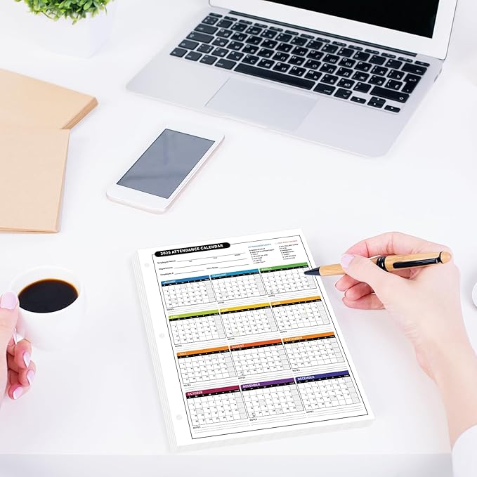 ReliThick 50 PCS 2025 Attendance Calendar Card Stock Paper 2025 Attendance Sheets for 3 Hole Binder Employee Record Folders for Manager, HR, Store Location Managers(Multicolor)