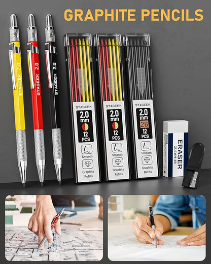 22 Pack Mechanical Carpenter Pencil Set with Sharpener 60 Refills, Automatic Center Punch, Carbide Scribe Tool, Eraser and Deep Hole Marker Pen, Heavy Duty Construction Pencil for Architect-With Pouch