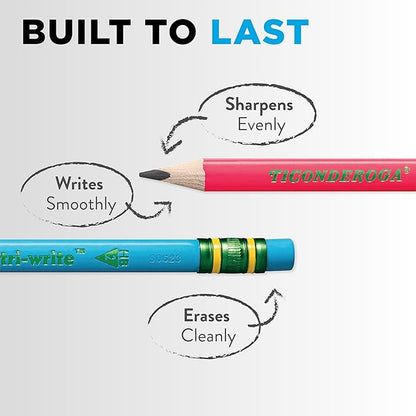 Ticonderoga My First Tri-Write Wood-Cased Pencils, Pre-Sharpened, 2 HB, With Erasers, Neon Colors, 12 Count