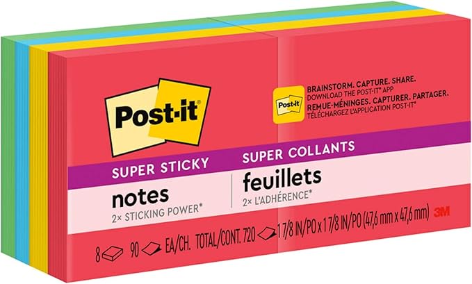 Post-it Super Sticky Notes, 8 Sticky Note Pads, 1.875 x 1.875 in., Back to School Supplies for Students, Ideal for Textbooks, Notebooks, and Vertical Surfaces, Playful Primaries Collection
