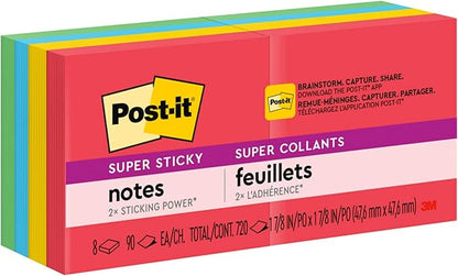 Post-it Super Sticky Notes, 8 Sticky Note Pads, 1.875 x 1.875 in., Back to School Supplies for Students, Ideal for Textbooks, Notebooks, and Vertical Surfaces, Playful Primaries Collection